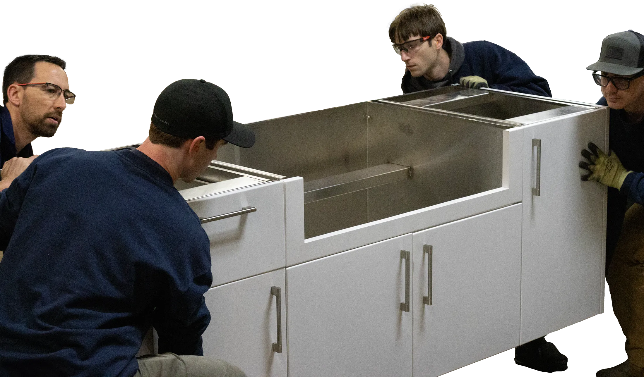 Silver Fern Stainless crew holding an outdoor kitchen in their warehouse